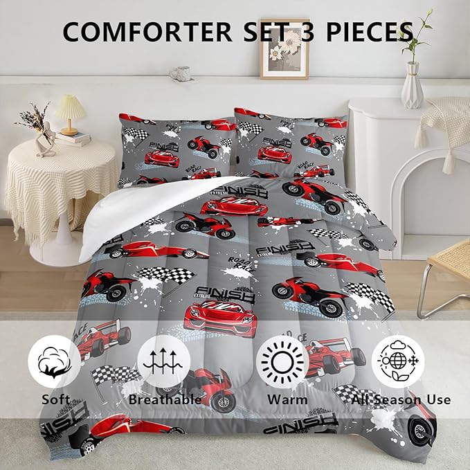 Axolotl Kid Comforter Set Full Size,Racing Car Bedding Set for Boys Girls Teen Car Racing Gifts,Race Cars Quilt Bed Set with 1 Comforter 2 Pillowcases,Red Grey