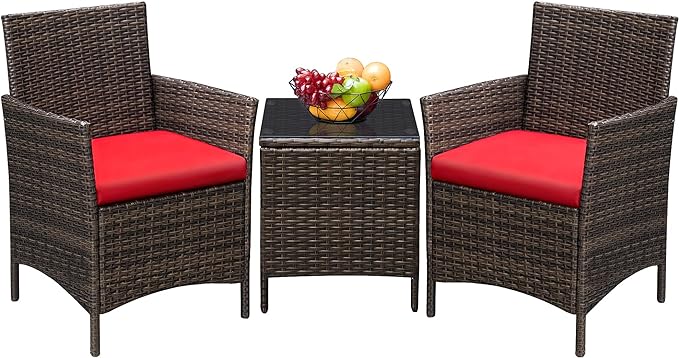 Greesum 3 Pieces Patio Furniture Sets Outdoor PE Rattan Wicker Chairs with Soft Cushion and Glass Coffee Table for Garden Backyard Porch Poolside, Brown and Red