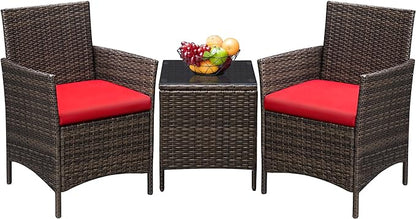 Greesum 3 Pieces Patio Furniture Sets Outdoor PE Rattan Wicker Chairs with Soft Cushion and Glass Coffee Table for Garden Backyard Porch Poolside, Brown and Red