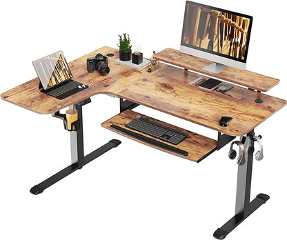 EUREKA ERGONOMIC Standing Desk with Keyboard Tray, Computer Desk, 61" L Shaped Electric Adjustable Height Desk w Monitor Stand LED, Corner Sit Stand Desk Gaming Desk, Dual Motor,Left/Rustic Brown