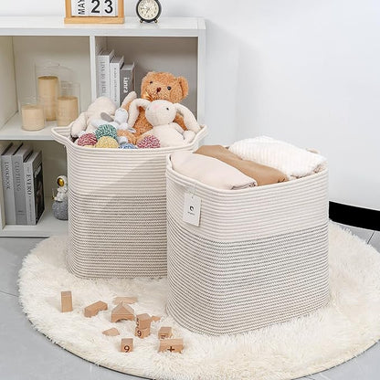 Cloth Large Blanket Basket,Storage Basket Bins Rectangle Small Woven Baskets for Storage, Nursery Cotton Rope Basket Living Room, Toy Basket For Organizing, Clothes Laundry Baskets set of 2