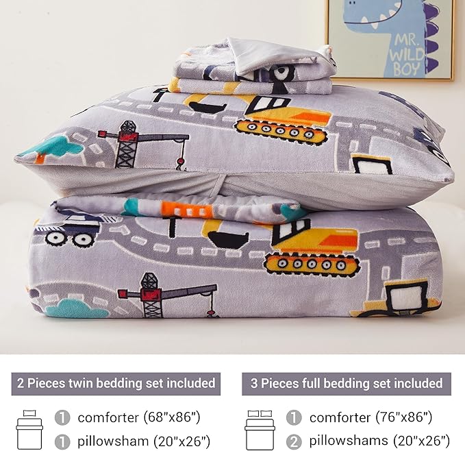 Mooreeke Glow in The Dark Twin Plush Fleece Comforter Bed Set, Soft & Warm 2 Piece Bed in A Bag with Sham, Velour Velvet Grey Excavator Highway Boys Kids Bedding Set, Fluffy Fuzzy Polar Cozy