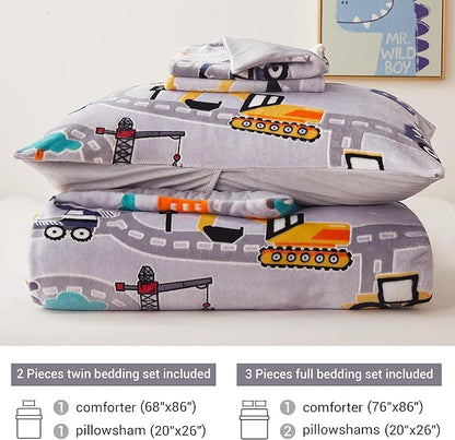 Mooreeke Glow in The Dark Twin Plush Fleece Comforter Bed Set, Soft & Warm 2 Piece Bed in A Bag with Sham, Velour Velvet Grey Excavator Highway Boys Kids Bedding Set, Fluffy Fuzzy Polar Cozy