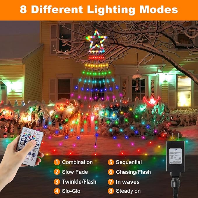 PUHONG Christmas Decoration Star Flowing Multicolor Color Changing Lights Outdoor, 320 LED 16.4Ft Star Waterfall Tree Lights with 8 Lighting Modes Remote Timer, for Xmas New Year Holiday Birthday