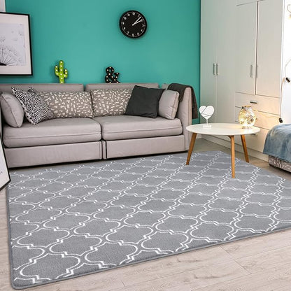 Chicrug Shag Geometric Modern Area Rug for Bedroom, 6x9 Feet Memory Foam Indoor Carpet, Fluffy Rug for Living room Bedside Room Decor for Family Girls Kids Nursery Play Mat, Grey/White