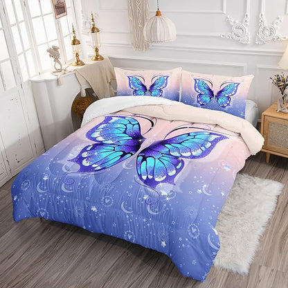Datura home Bedding Comforter Set Pink Purple Butterfly Printed Pattern Quilt with 1 and 2 Pillowcases for Girls Bedroom All Season(Butterfly Queen) Queen 90x90inches