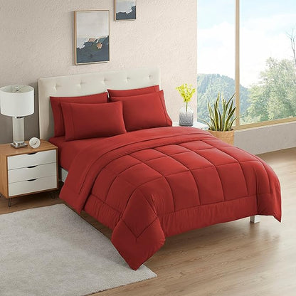 Dorm Room Essentials College Bedding Comforter Set 7 Piece Full Size Bed in a Bag for College Students Boys and Girls, Full, Red