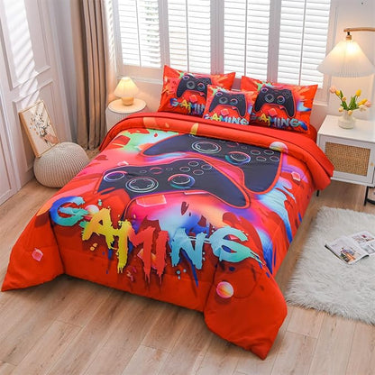Aimuan Gamer Gaming Bedding Sets 3D Gamepad Comforter Sets for Boys Games Console Action Buttons Novelty Colorful Game Controller Modern Room Decor Home Quilt Set (Red, Full 6PCS)