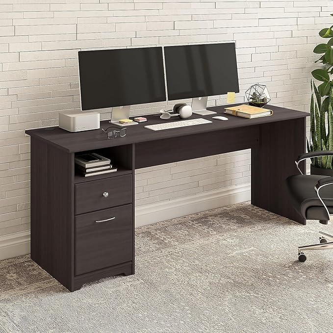 Bush Furniture Cabot Desks for Home Office with Storage and Chrome Hardware | Elegant Computer Table with Drawers, 72W, Heather Gray
