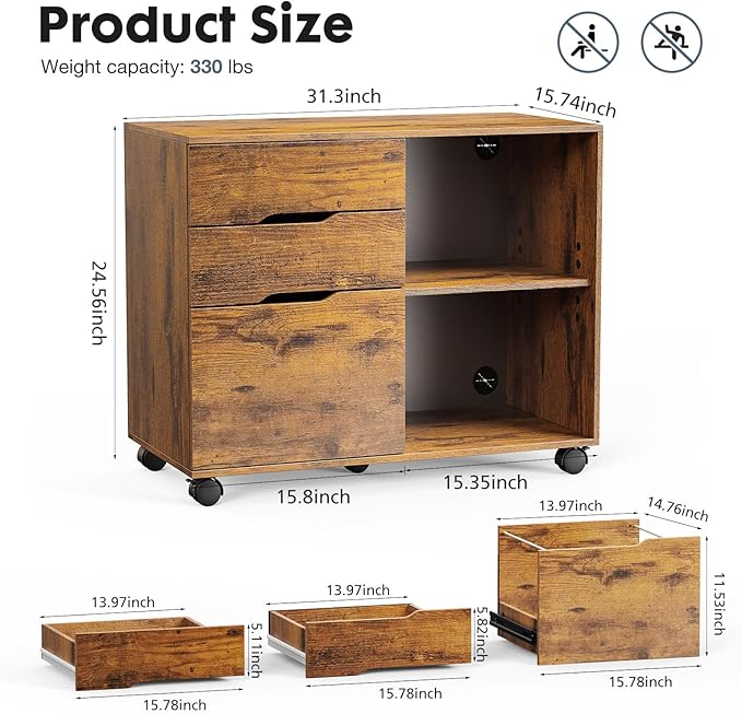 DUMOS Lateral File Cabinet with 3 Drawers Rolling Wooden Printer Stand Under Desk Storage Organizer with 4 Wheels Adjustable Shelf for Office Home, Rustic Brown