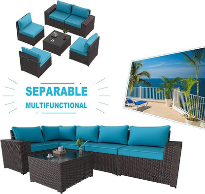 Kullavik 6PCS Outdoor Patio Furniture Set PE Wicker Rattan Sectional Sofa Patio Conversation Sets,Blue