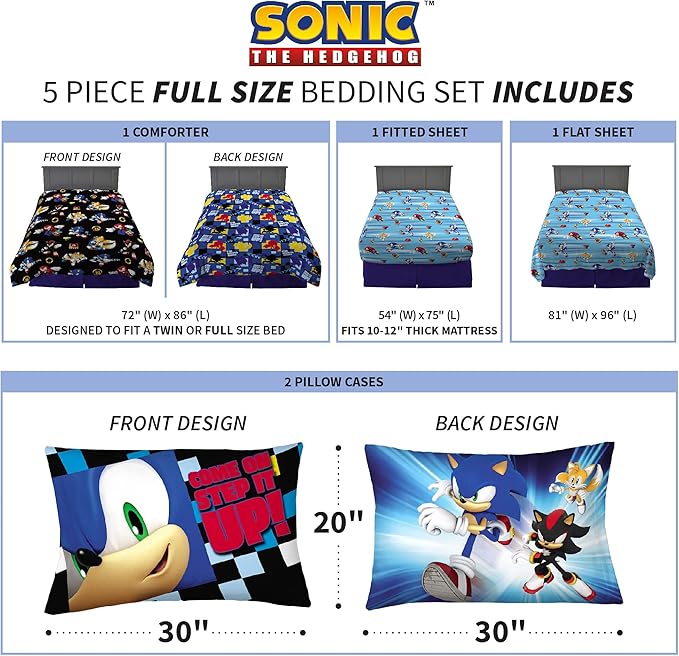 Franco Kids Bedding Super Soft Comforter and Sheet Set, 5 Piece Full Size, Sonic the Hedgehog