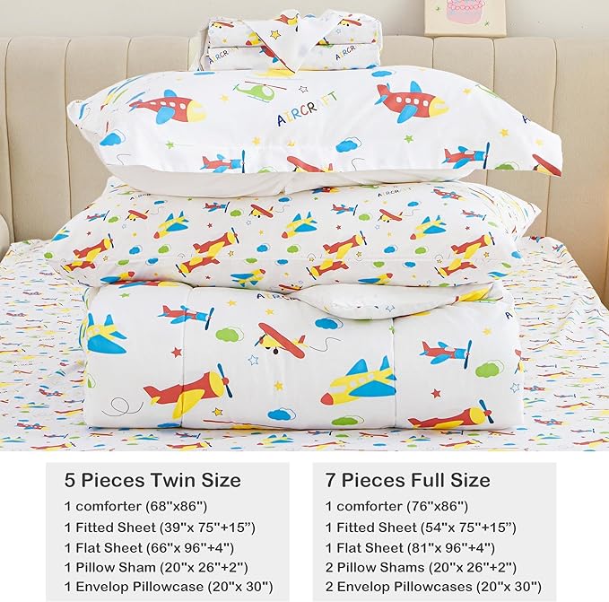 Mooreeke Bed in a Bag for Kids Boys Teens, 7 Pieces Full Size Aircraft Print Comforter Bed Set with Shams, Sheet Set, Airplane White Super Soft Microfiber Kids Comforter Bedding Set