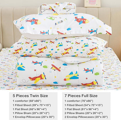 Mooreeke Bed in a Bag for Kids Boys Teens, 7 Pieces Full Size Aircraft Print Comforter Bed Set with Shams, Sheet Set, Airplane White Super Soft Microfiber Kids Comforter Bedding Set