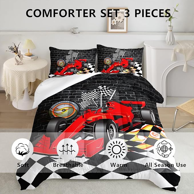 Axolotl Race Car Comforter Set Queen Size,Extreme Sports Bedding Set for Boys Teens Kids Girls Room Decor,Cool Speed Car Quilt Bed Set with 1 Comforter 2 Pillowcases Car Racing Gifts,Black Red
