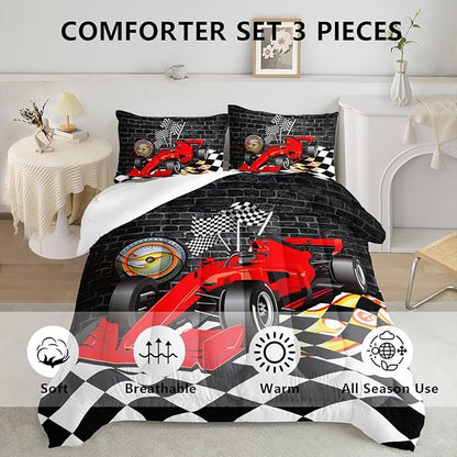 Axolotl Race Car Comforter Set Queen Size,Extreme Sports Bedding Set for Boys Teens Kids Girls Room Decor,Cool Speed Car Quilt Bed Set with 1 Comforter 2 Pillowcases Car Racing Gifts,Black Red