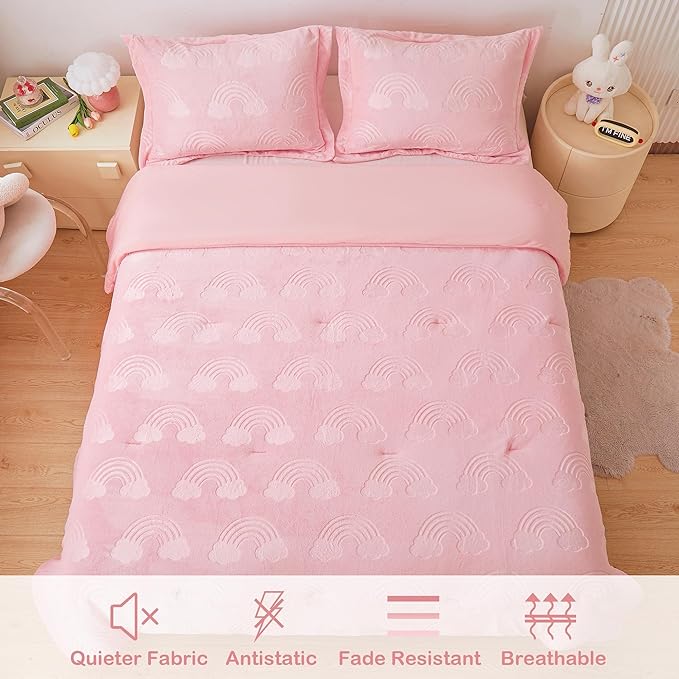Mooreeke Twin Kids Comforter Bed Set, Embossed Plush Fleece Soft & Warm 2 Piece Bed in A Bag with Shams, Velour Velvet Pink Rainbow Girls Kids Bedding Set, Fluffy Fuzzy Polar Cozy and Stylish