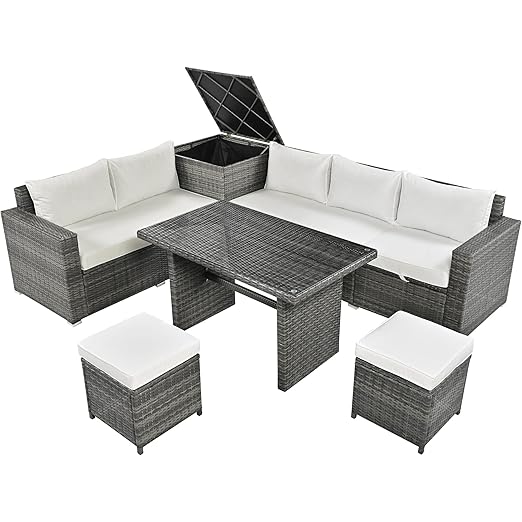 6-Piece Patio Furniture Set, L-Shaped Outdoor PE Wicker Rattan Sectional ConversationSet with Adjustable Seat, Storage Box, Removable Covers and Tempered Glass Top Table, for Backyard