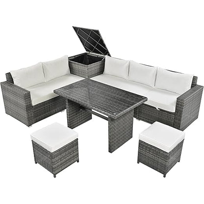 6-Piece Patio Furniture Set, L-Shaped Outdoor PE Wicker Rattan Sectional ConversationSet with Adjustable Seat, Storage Box, Removable Covers and Tempered Glass Top Table, for Backyard