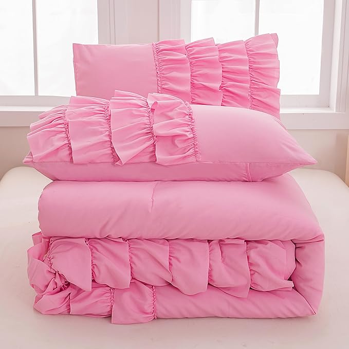 Pink Comforter Queen Set for Girls, 3 Pieces Lightweight and Soft Comforter (1 Ruffle Comforter and 2 Pillowcases), All Season Use Microfiber Bedding Comforter Set