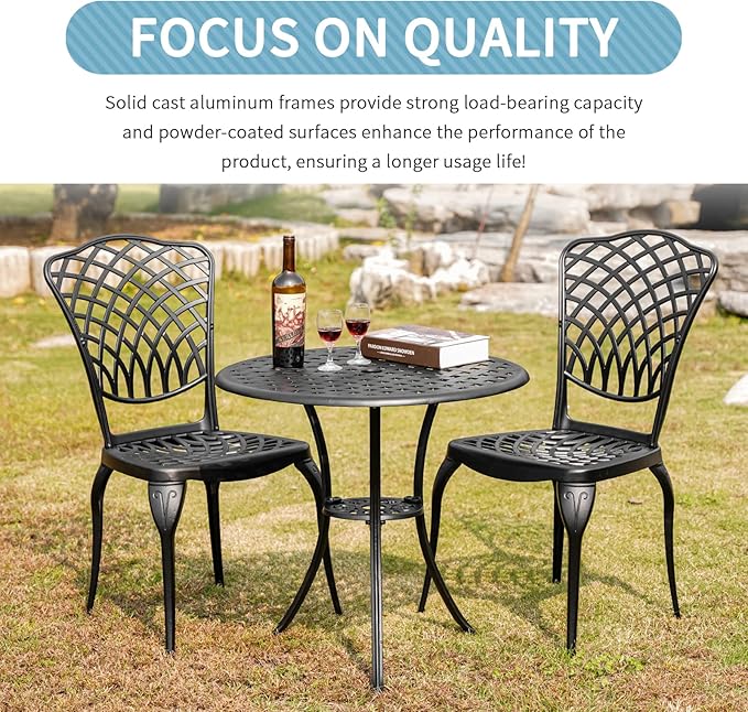 3 Piece Bistro Table Set Anti-Rust Outdoor Bistro Set Cast Alumiunm Patio Table and Chairs Set for 2, Patio Bistro Set Furniture Black