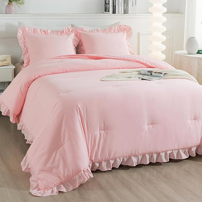 Andency Pink Comforter Set Full, 3 Pieces Lightweight Soft Rustic Pink Ruffle Comforter Women Girls, Solid Farmhouse Shabby Chic Microfiber Bedding Comforter Set