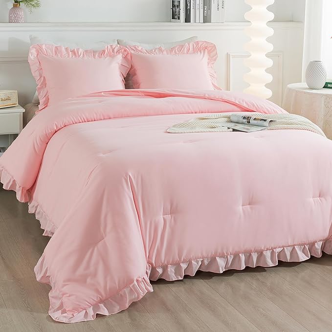 Andency Pink Ruffle Comforter Set Twin, 2 Pieces Kids Comforter Set Twin(66x90Inch), Lightweight Soft Girls Shabby Chic Bedding Comforter Set All Season Bed Set
