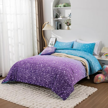 Holawakaka Kids Space Star Glitter Comforter Set Queen Size Girls Ombre Blue & Purple Print Gradient Teens Bedding Set Teens Galaxy Bed Sets (Blue Purple, Queen)
