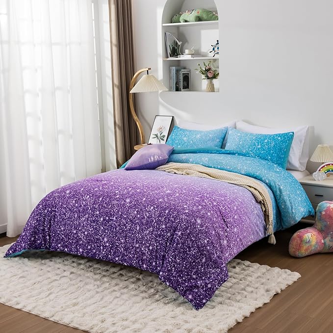 Holawakaka Kids Space Star Glitter Comforter Set Ombre Blue & Purple Print Bedding Set Twin/Twin XL Size Girls Boys Dorm Gradient Galaxy Bed Sets (Blue Purple, Twin)