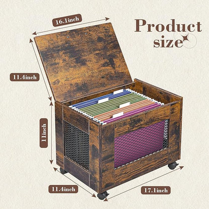 Rolling File Cabinet Cart, Hanging File Organizer Box with Lid for Home Office, Small Filing Cabinet on Wheels Under Desk, Mobile Decorative Document Storage Basket for Letter & Legal Size