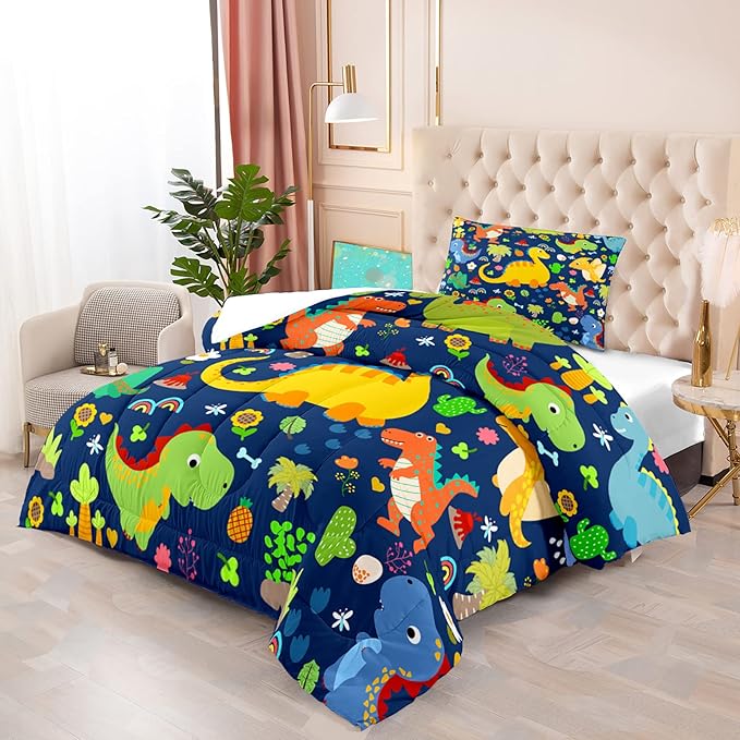 Dinosaur Bedding Twin - Dinosaur Comforter Set Twin for Boys Bedroom Dinosaur Twin Bedding Set Blue Green Boys Room Decor Kids Twin Dinosaur Bedding Set, Twin (1 Comforter 1 Pillowcase)