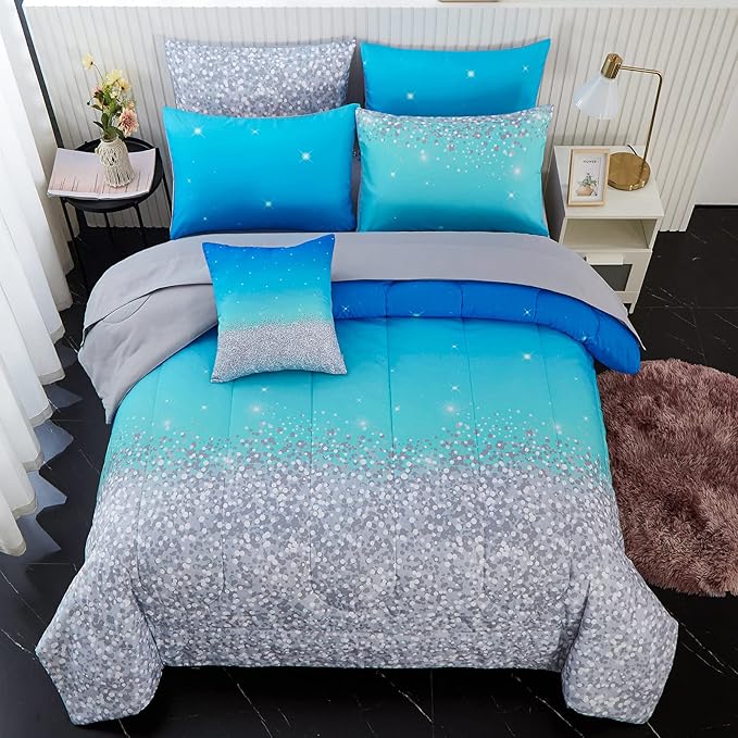 inron 4Pcs Aqua Gradient Twin Bedding Sets for Girls,Aqua Glitter All-Season Girls Comforter Set, Ultra Soft Girls Bedding Set(Aqua,Twin)