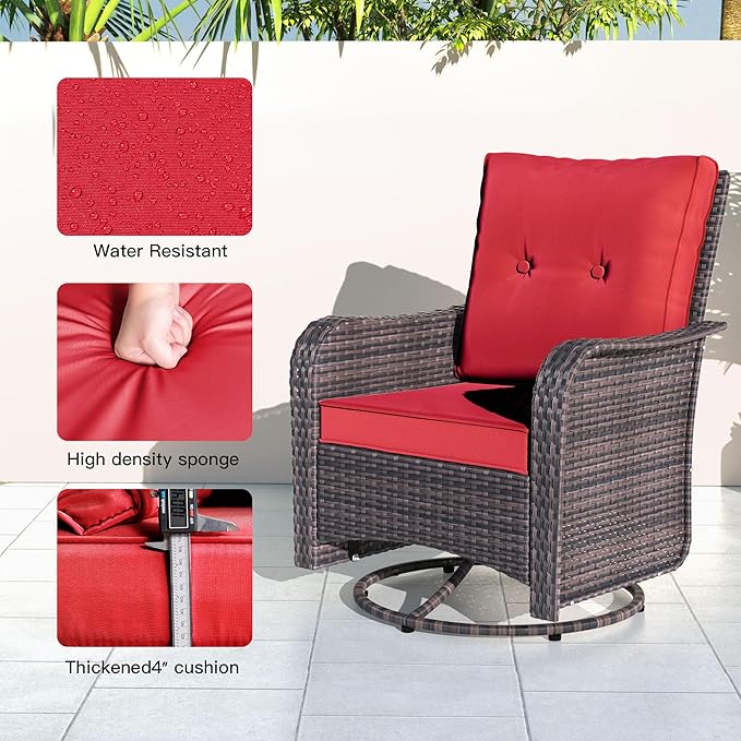 Kullavik 10PCS Outdoor Patio Furniture Set,PE Wicker Rattan Sectional Sofa Patio Conversation Sets with 43" 55000BTU Gas Propane Fire Pit Table,Swivel Rocking Chairs Set,Red