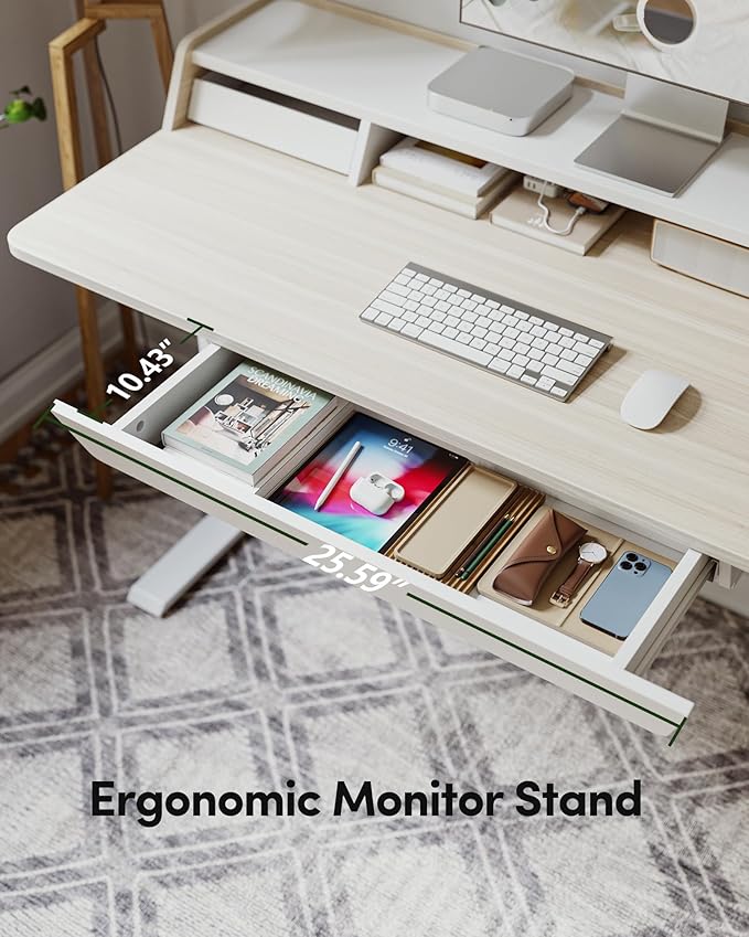 BANTI Height Adjustable Electric Standing Desk with Three Drawers, 48 x 25 Inch Table with Storage Shelf, Sit Stand Desk with Storage Space, Splice Board with White Frame/Light Walnut Top, 48 inch
