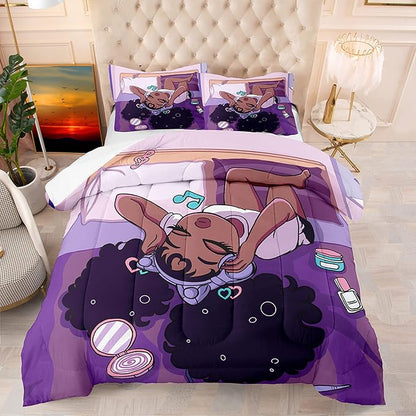 Black Girls Magic Comforter Sets, African American Girl Love Music Purple Designs Soft Fluffy Comforter Duvet, Full Size Afro Pretty Girls Comforter Set for Teens Kids Princess Cute Room Decor