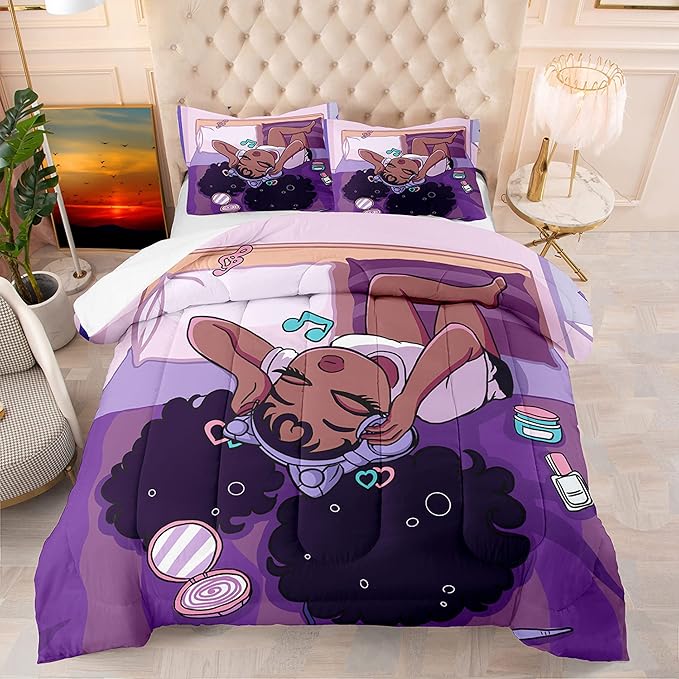 African American Girls Comforter Sets, Pretty Black Girls Love Music Purple Duvet, Fluffy Afro Gilrs Comforter Bedding Set, Queen Size Black Girls Magic Comforter Sets 1 Comforter +2 Pillowcases