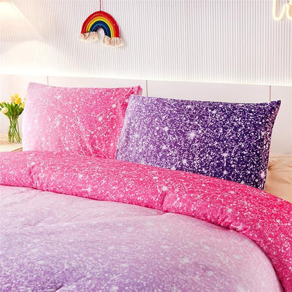 Holawakaka Kids Space Star Glitter Comforter Set Ombre Red & Purple Print Gradient Bedding Set Full Size (Red purple, Full)