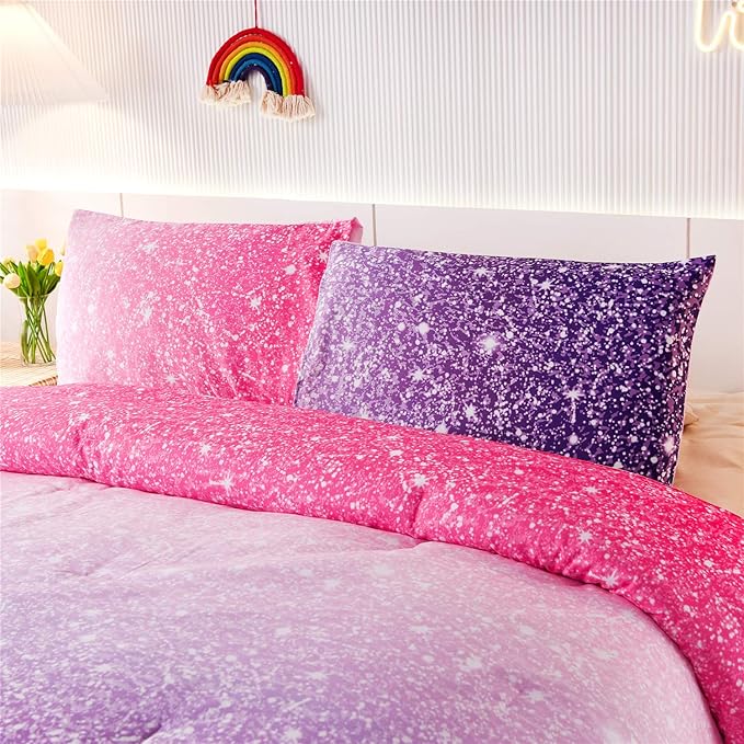 Holawakaka Kids Space Star Glitter Comforter Set Ombre Pink Purple Print Gradient Bedding Set Queen Size (Pink Purple, Queen)……