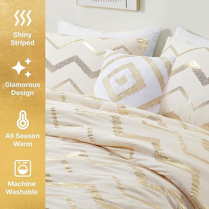 Codi Cream White and Gold Comforter Set for Twin/Twin XL Size, Cute Metallic Ivory Bed Sets, 3 Piece (1 Matching Sham + 1 Decorative Pillow)