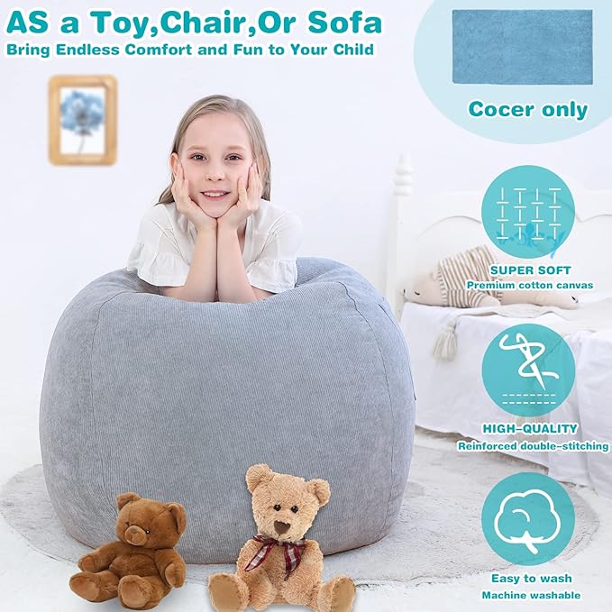 Stuffed Animal Storage Bean Bag Chair Cover (No Filler) for Kids and Adults.Soft Premium Corduroy Stuffable Beanbags for Organizing Children Plush Toys or Memory Foam Small 100L (Grey)