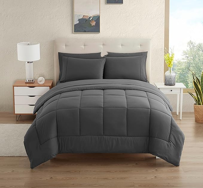 Dorm Room Essentials College Bedding Comforter Set 7 Piece Full Size Bed in a Bag for College Students Boys and Girls, Full, Gray