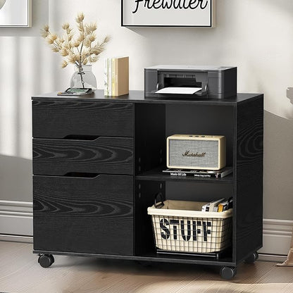 DUMOS Lateral File Cabinet with 3 Drawers Rolling Wooden Printer Stand Under Desk Storage Organizer with 4 Wheels Adjustable Shelf for Office Home, Black