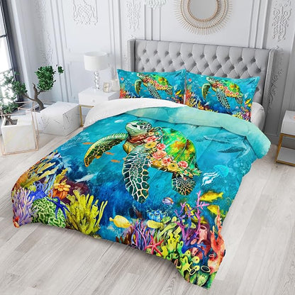 Kids Turtle Rose Comforter Set Twin Beach Theme Jellyfish Starfish Bedding Set Sea Animal Reptile Bed Set with 2 Pillowcases for Boys Girls Room Decor