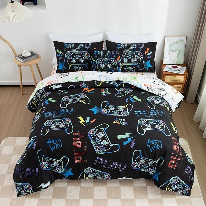 Meeting Story Gamer Gaming Bedding Sets Fluorescence Gamepad Comforter Set for Boys Games Console Action Buttons Novelty Colorful Modern Room Decor Home Quilt Set (Black, Twin6pcs)