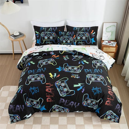 Meeting Story Gamer Gaming Bedding Sets Fluorescence Gamepad Comforter Set for Boys Games Console Action Buttons Novelty Colorful Modern Room Decor Home Quilt Set (Black, Twin6pcs)