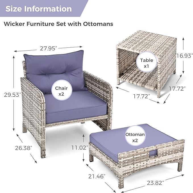 Pamapic 5 Pieces Outdoor Patio Wicker Chairs Set with Ottoman .Outside Conversation Furniture Set with Cushions and Coffee for Balcony Porch Lawn Garden Table (Purple Cushion + Grey Rattan)