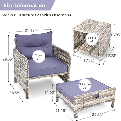 Pamapic 5 Pieces Outdoor Patio Wicker Chairs Set with Ottoman .Outside Conversation Furniture Set with Cushions and Coffee for Balcony Porch Lawn Garden Table (Purple Cushion + Grey Rattan)