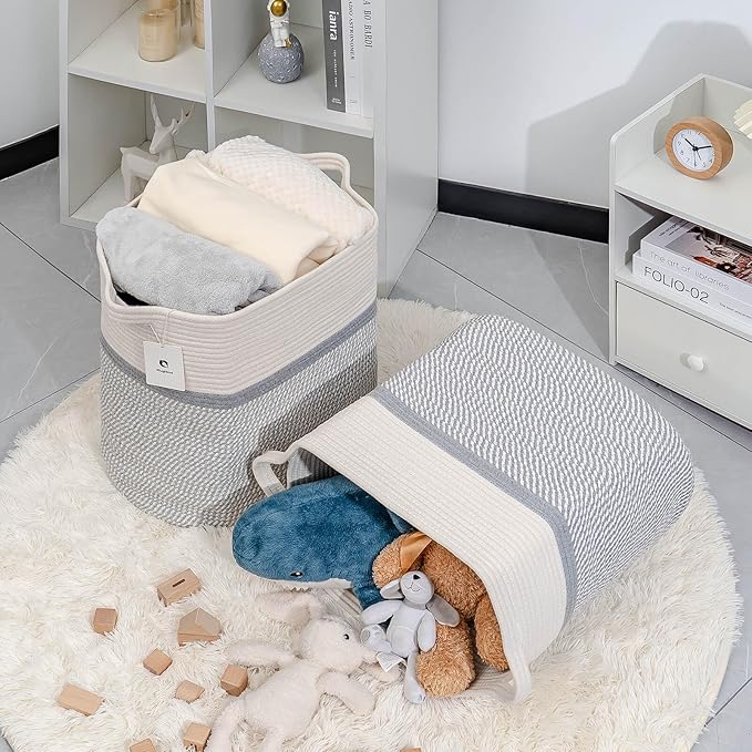 Rectangle Woven Baskets for Storage, Cotton Basket Large Blanket Basket, Laundry Nursery Rope Basket Living Room, Toy Storage Tall Laundry For Organizing, Large Baskets Clothes Collapsible