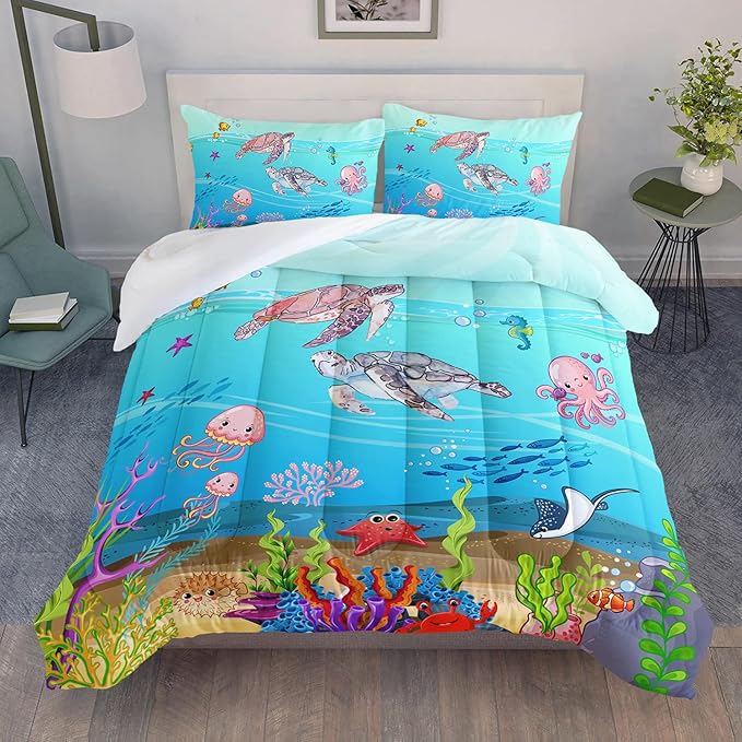 Turtle Comforter Set Queen Ocean Watercolor Sea Turtle Bedding Set Tropical Fish Marine Life Bed Set with 2 Pillowcases for Kids Room Decor