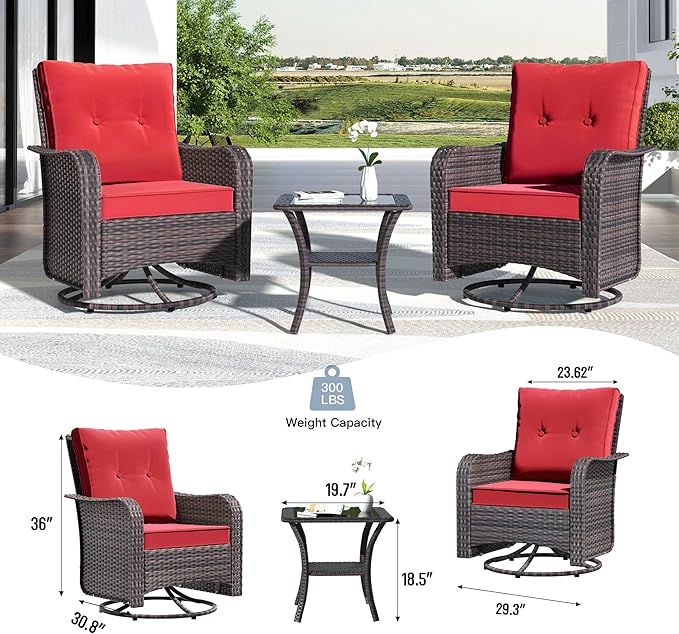 Kullavik 10PCS Outdoor Patio Furniture Set,PE Wicker Rattan Sectional Sofa Patio Conversation Sets with 43" 55000BTU Gas Propane Fire Pit Table,Swivel Rocking Chairs Set,Red